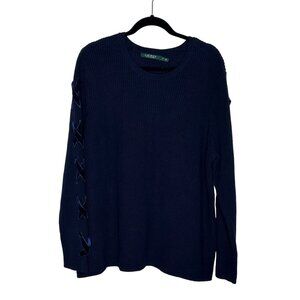 Lauren Ralph‎ Lauren Cotton Pullover Sweater Velvet Ribbon Sleeves Size XL Navy